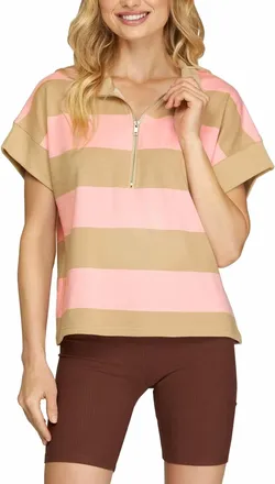 She + Sky Womens Short Sleeve Mock Neck Striped Sweatshirt In Pink