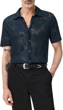 John Varvatos Biaggio Jacquard Mesh Short Sleeve Button-Up Shirt in Deep Blue at Nordstrom, Size X-Large