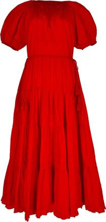 Ulla Johnson Puffed-Sleeve Midi Tiered Dress in Red Cotton