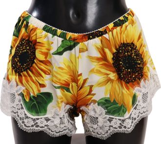 Dolce & Gabbana Womens Sunflower Print Silk Shorts Lace Trim - Yellow - Size Medium