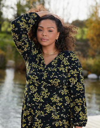 Live Unlimited London Womens Yellow Ditsy Print Jersey Gathered Waist Midi Dress - Size: 12