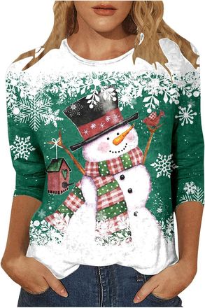 Generic Christmas T Shirts for Women UK Ladies Christmas Tops Crewneck Xmas Tops 3/4 Sleeve Tshirt Graphic Tees Dressy Shirts Santa Elk Snowflake Print Blouse