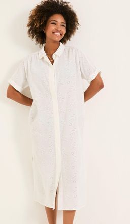 Fat Face FatFace Ivory 100% Cotton Beachwear Broderie Shirt Dress