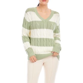 Fifteen Twenty Avalee Stripe Cable Knit Sweater in Sage/Cream at Nordstrom, Size X-Small