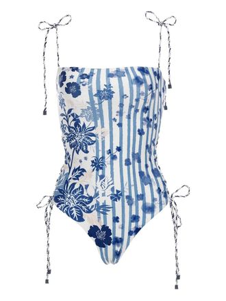 Agua Bendita floral-stripe swimsuit - women - Elastane/Recycled Polyester - M - Blue