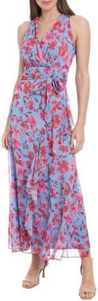 London Times Floral Sleeveless Tie Waist Maxi Dress in Cornflower/Bright Pink at Nordstrom Rack, Size 12P