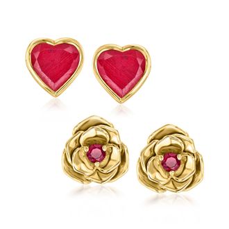 Ross-Simons Ruby and. Rhodolite Garnet Jewelry Set: Heart and Flower Earrings in 18kt Gold Over Sterling