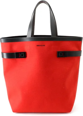 Ferragamo Black Red Color Canvas Leather Tote Bag (Pre-Owned)