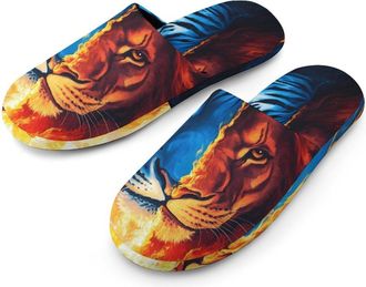 Generic Tiger And Lion in Flames Flannel Mens Slip-on Slippers Winter Warm House Shoes with Rubber Sole for Home Hotel