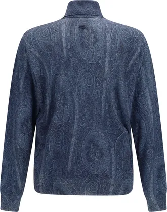 Etro Mens Printed Turtleneck Sweater Stampa F.do Blu Silk; Kashmir-Capra Hircus Kashmir/capra