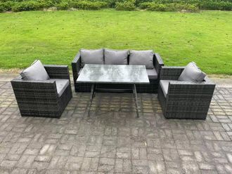 Fimous Wicker PE Rattan Outdoor Furniture Garden Dining Set with Lounge Sofa Oblong Dining Table 2 Armchairs in Dark Grey