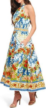 Flying Tomato Floral Sleeveless Cotton Maxi Dress in Ivory Blue at Nordstrom Rack, Size Medium