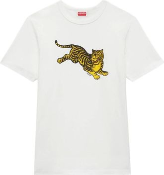 Kenzo Tops, Heren, Wit, L, Katoen, Jumping Tiger Cropped Crew Neck T-Shirt