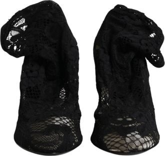 Dolce & Gabbana Black Lace Stretch Heels Mid Calf Boots Womens Shoes