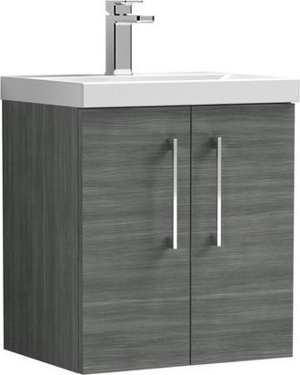 Balterley Balterley Contemporary Bathroom Wall Hung 2 Soft-Close Door Vanity Unit & Mid-Edge Ceramic Basin, Anthracite Woodgrain, 500 mm