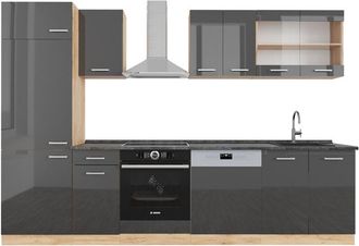 Vicco Mueble de cocina R-Line, Antracita brillo intenso/roble dorado eléctrico, 300 cm, et Antracita