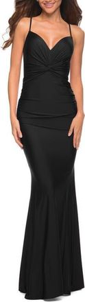 La Femme Prom Dress with Knot at Waist and Open Back in Black at Nordstrom, Size 10
