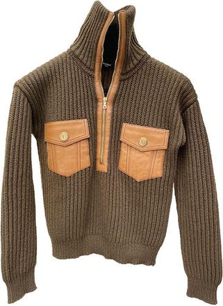 Balmain Khaki Ribbed Funnel Neck Sweater Size XS