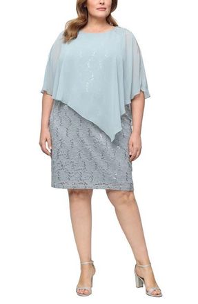 S.L. Fashions Chiffon Capelet Floral Lace Cocktail Dress in Sage at Nordstrom, Size 20W