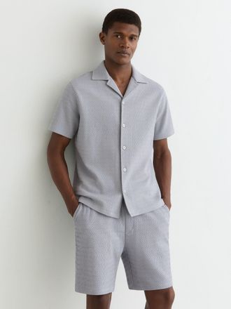 Reiss Soft Blue Textured Jacquard Cuban-collar Shirt, Xxl