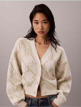 Calvin Klein Jeans Calvin Klein Womens Monogram Logo Cardigan Sweater - White - XL