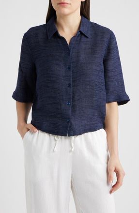 Eileen Fisher Short Sleeve Organic Linen Blend Button-Up Shirt in Ink at Nordstrom, Size Xx-Small