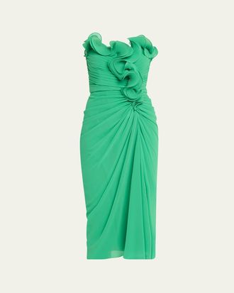 Badgley Mischka Strapless Pleated Georgette Midi Dress