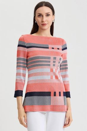 Ming Wang Classic Jacquard Colorblock Soft Knit Tunic in Sunkist Coral/white/indigo at Nordstrom, Size X-Large