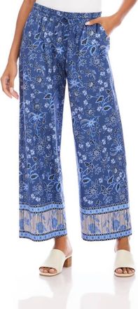 Karen Kane Drawstring Border Print Cropped Pants In Blue