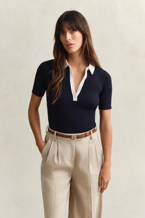 GANT Women Ribbed Short Sleeve Rugger (XXL) EVENING BLUE