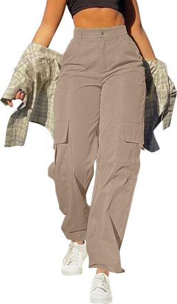 Generic Cargo Trousers Women High Waist Tummy Control Ladies Pants with Multi Pockets Wide Leg Loose Fit Hiking Workout Gym Sweatpants Straight Legs Solid Col