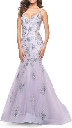 La Femme Mermaid Gown with Two Tone Lace Appliques in Lavender Gray at Nordstrom, Size 00