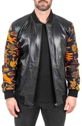 Maceoo Skull Sleeve Leather Bomber Jacket in Black at Nordstrom, Size 2