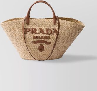 Prada large woven raffia tote bag with leather trim