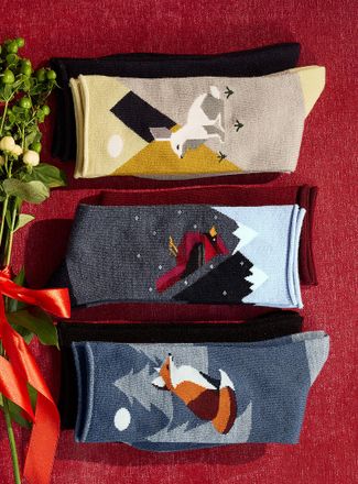 Simons Womens Animal/solid fine merino socks 2-pack Christmas Collection
