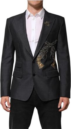Dolce & Gabbana Donkergrijze Bijenborduurwerk Wollen Blazer - Heren - Blazers - Zwart - L - Wol - Jassen