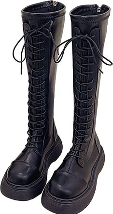 Generic womens lace up boots Wide Calf Knee High Boots Knee High Boot For Women Round Toe Platform Chunky Heel Walking Booties Soft Lace Up Shoes With Zipper 