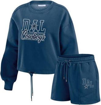 WEAR by Erin Andrews Womens WEAR by Erin Andrews Navy Dallas Cowboys Washed Fleece Long Sleeve T-Shirt & Shorts Lounge Set at Nordstrom, Size Xx-Large