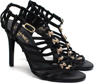 Chanel Black Satin Strappy Heels with Bow Detailing Size 38