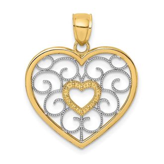 Diamond2Deal 14k Yellow Gold and White Rhodium Filigree Heart Charm Pendant