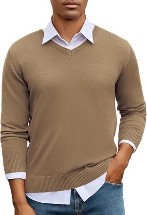 iClosam Mens V Neck Jumpers Mens Winter Long Sleeve Sweater Classic Contrast Neck Jumper Men Layerable Pullover,Comfortable & Easy-Care,Apricot,3XL