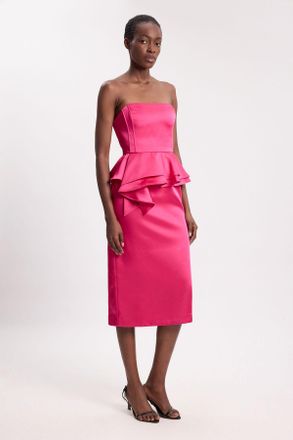 Karen Millen Womens Petite Bonded Satin Peplum Pencil Woven Midi Dress - Pink - Size 12 UK