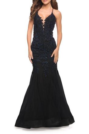 La Femme Mermaid Tulle and Lace Jeweled Prom Dress in Black at Nordstrom, Size 10