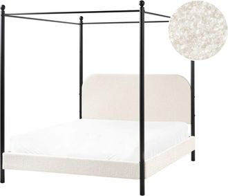 Beliani Retro Minimalist eu Double Size Canopy Bed Black Metal Frame Slats Poplar Wood Boucle Upholstery Off-White Dannemois