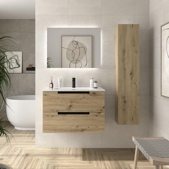 Cygnus Bath Mueble De Ba&ntilde;o Leni 80cm Roble 2 Cajones Lavabo 1 Poza Porcelana