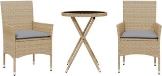 vidaXL Mesita Y Sillas Con Cojines 3 Pzas Rat&aacute;n Sint&eacute;tico Vidrio Beige Vidaxl