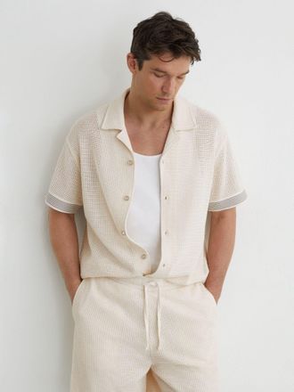 Reiss Off White Cotton-blend Tape-trim Crochet Shirt, Xxl