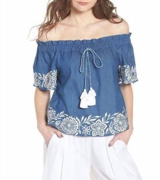Misa Nisi Embroidered Off-The-Shoulder Denim Top In Blue/white