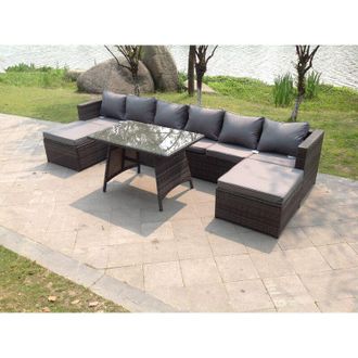Fimous Fimous - Lounge Rattan Garden Furniture Sets Dining Table And 2 pc Big Footstools