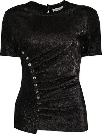 Paco Rabanne Top met gedrapeerde drukknoopsluiting - Dames - T-shirts - Zwart - M - Leer - Tops